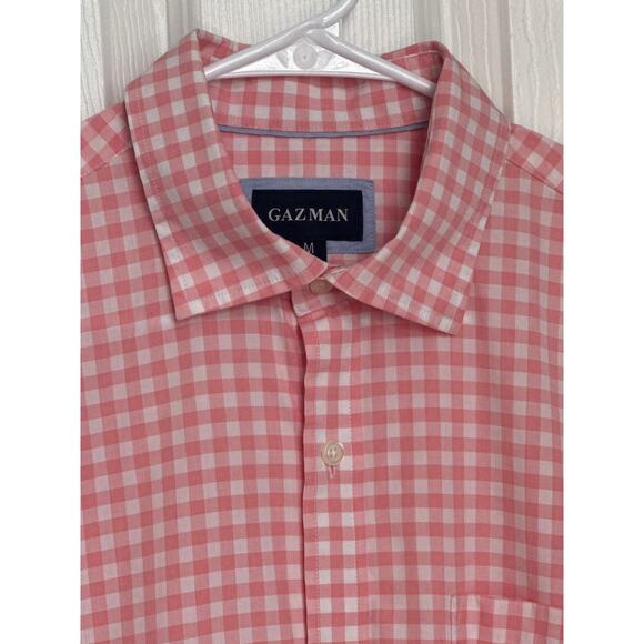 Gazman Easy Care Gingham Check Shirt pink coral & white cotton preppy medium - Picture 7 of 14